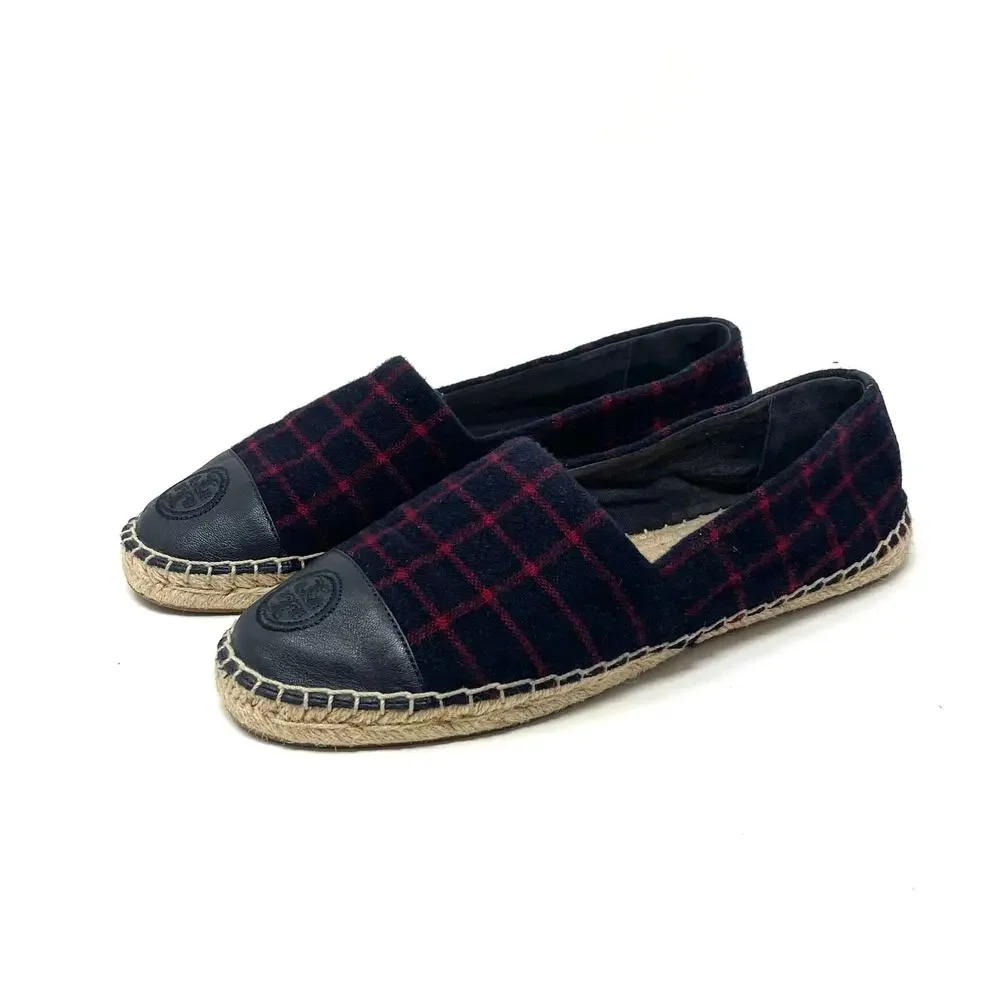 Tory Burch Color Block Espadrille - Flats - Plaid - Wool - Navy Red - Size 9